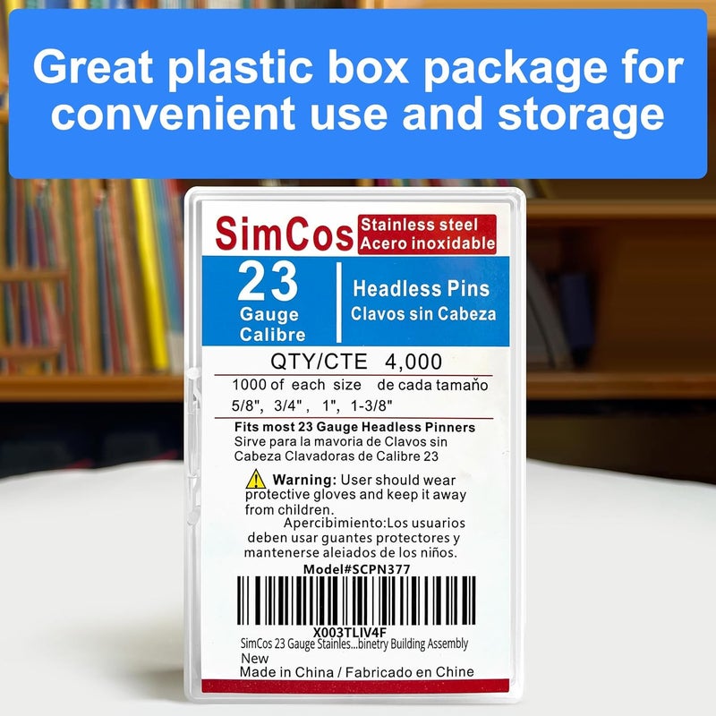 SimCos 23 Gauge Stainless Steel Pinner Nails (5/8",3/4",1",1-3/8") Assorted 4 Sizes' Headless Pin Nails for 23 GA Pneumatic or Electric Pin Nailer or pin Nail Gun,Project Pack (16000) - Image 4
